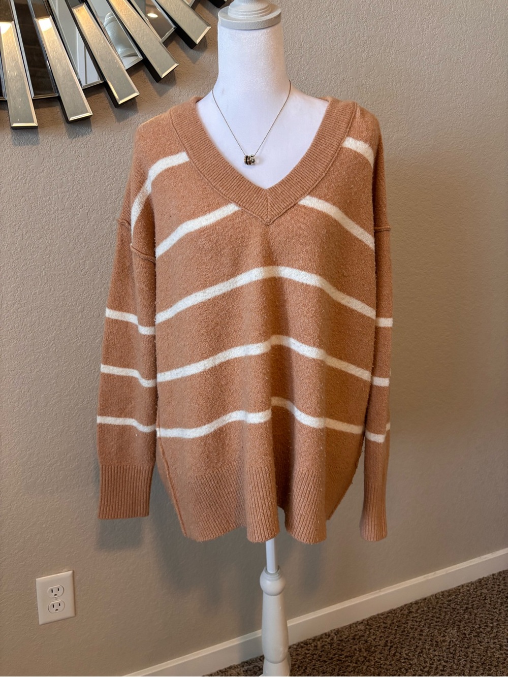 aerie Camel and White Striped V-Neck Sweater
